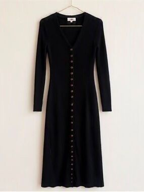 LPA Black Ribbed Button-Front V-Neck Long-Sleeve Midi Dress